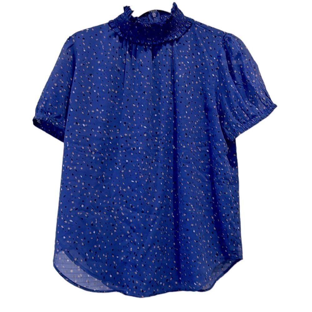 Ann Taylor Blue Speckled Smocked Neck Blouse 2